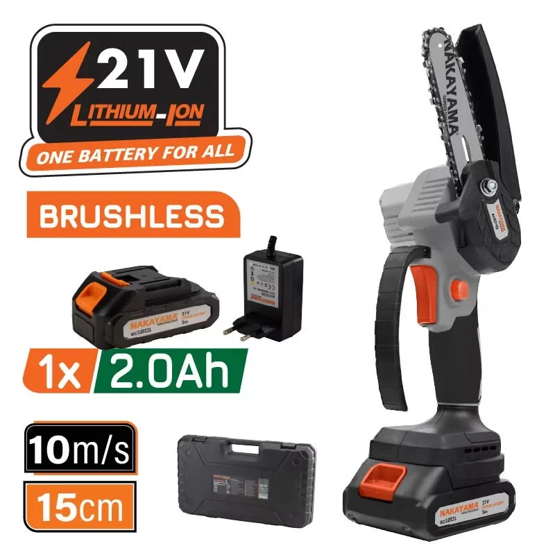 Utolsó esély NAKAYAMA Akkus mini láncfűrész 21V, szénkefe nélküli, Láncvezető: 10 cm, 825 gr, lánc 1/4"1,1 mm ,11m/s, 1x 2Ah li-ionakku + töltőbmc (EC1040)