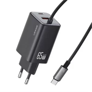 Ajánlat Usams JC hálózati töltő Type-C aljzat (65W, PD gyorstöltő, GaN + fix Type-C kábel) FEKETE