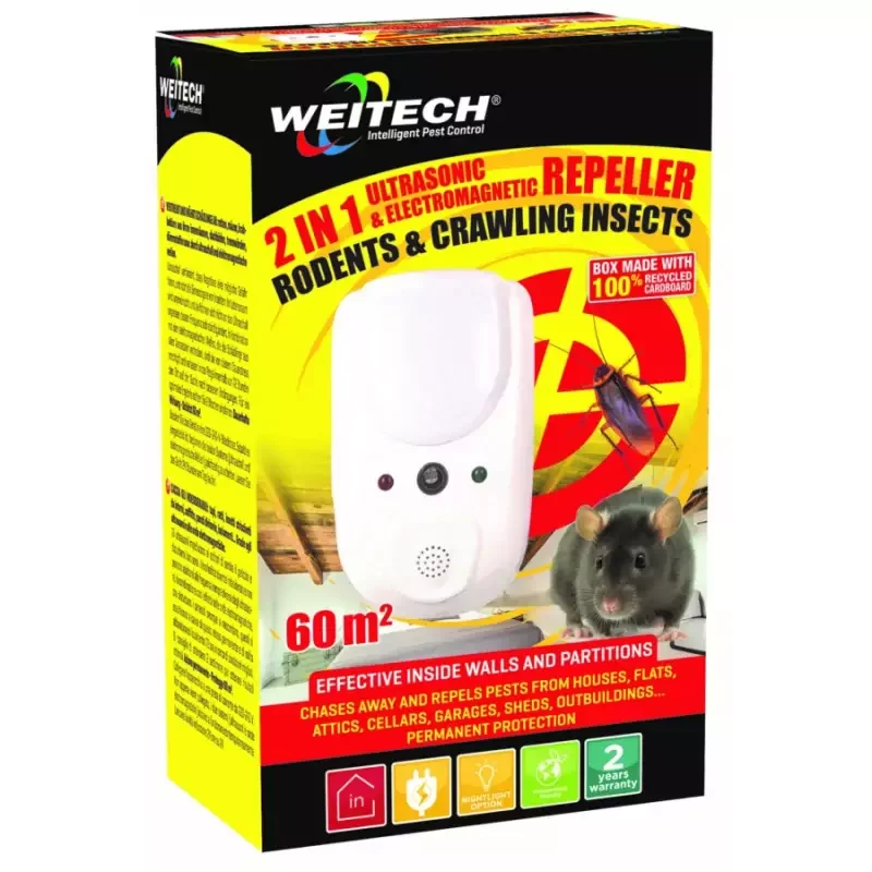 Weitech 2 az 1-ben ultrahangos és elektromágneses kártevőriasztó 60m2 (wk1003) Gyors szállítás