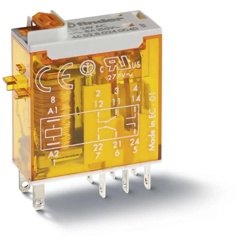 Bestseller Finder 46.52.8.024.0054 miniatűr ipari relé, dugaszolható, mechanikus és LED + tesztgomb, 2 váltóérintkező 8 A, : 24 V AC